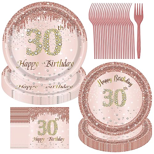 30th Birthday Decorations for Women, Rose Gold Plates Rose Gold Birthday Decorations 96PCS Pink Paper Plates and Napkins Set for Girls Women 30th Birthday Decorations Party Supplies Serve 24 Guests