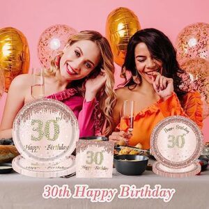 30th Birthday Decorations for Women, Rose Gold Plates Rose Gold Birthday Decorations 96PCS Pink Paper Plates and Napkins Set for Girls Women 30th Birthday Decorations Party Supplies Serve 24 Guests