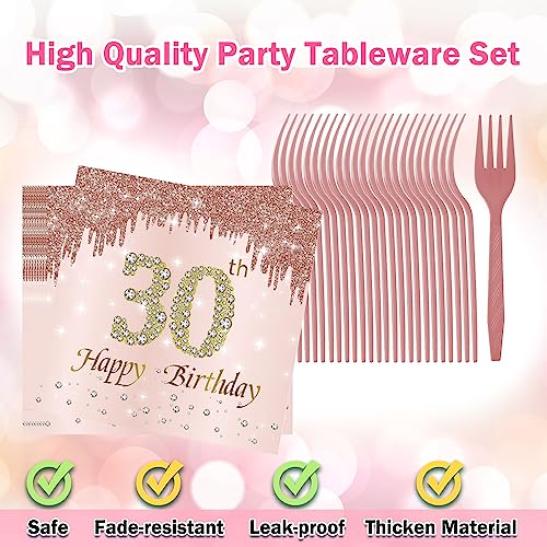 30th Birthday Decorations for Women, Rose Gold Plates Rose Gold Birthday Decorations 96PCS Pink Paper Plates and Napkins Set for Girls Women 30th Birthday Decorations Party Supplies Serve 24 Guests