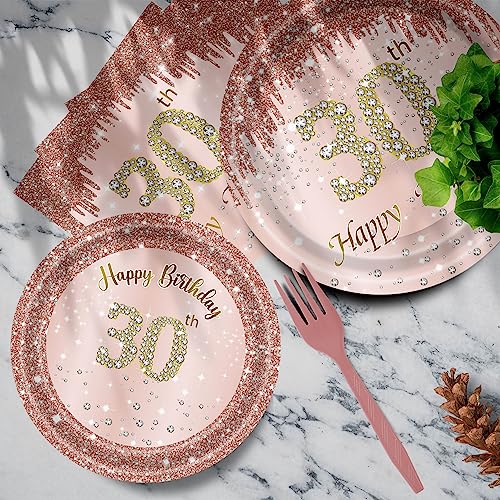 30th Birthday Decorations for Women, Rose Gold Plates Rose Gold Birthday Decorations 96PCS Pink Paper Plates and Napkins Set for Girls Women 30th Birthday Decorations Party Supplies Serve 24 Guests