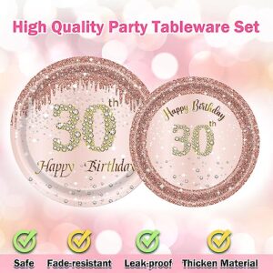 30th Birthday Decorations for Women, Rose Gold Plates Rose Gold Birthday Decorations 96PCS Pink Paper Plates and Napkins Set for Girls Women 30th Birthday Decorations Party Supplies Serve 24 Guests