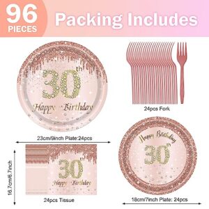 30th Birthday Decorations for Women, Rose Gold Plates Rose Gold Birthday Decorations 96PCS Pink Paper Plates and Napkins Set for Girls Women 30th Birthday Decorations Party Supplies Serve 24 Guests