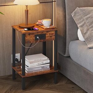 VIMBER Beside Table with Charging Station, Narrow Side Table with USB Ports and Outlets, Nightstands with 2-Tier Storage Shelves, End Table for Small Space Living Room Bedroom