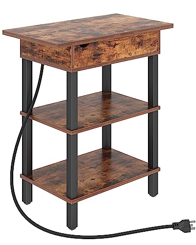 VIMBER End Table with Charging Station, Narrow Side Table with USB Ports and Outlets, Flip Top Bedside Table/Nightstand/Sofa Couch Table for Small Spaces, Living Room, Bedroom, Rustic Brown