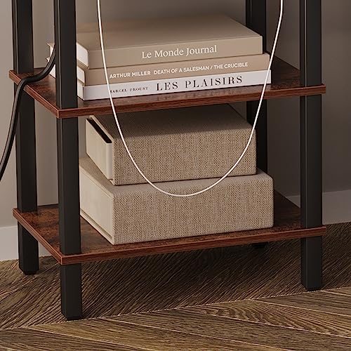 VIMBER End Table with Charging Station, Narrow Side Table with USB Ports and Outlets, Flip Top Bedside Table/Nightstand/Sofa Couch Table for Small Spaces, Living Room, Bedroom, Rustic Brown