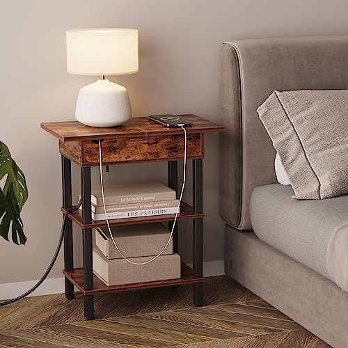 VIMBER End Table with Charging Station, Narrow Side Table with USB Ports and Outlets, Flip Top Bedside Table/Nightstand/Sofa Couch Table for Small Spaces, Living Room, Bedroom, Rustic Brown