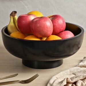 ive design black wood fruit bowl for kitchen counter, 12-inch diameter large wooden fruit bowl, natural rubber wood, black decorative bowl fruit holder