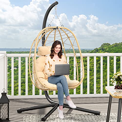 YITAHOME Hanging Egg Chair with Stand Swing Chair Wicker Indoor Outdoor Hammock Egg Chair with Cushions 330lbs for Patio, Bedroom, Garden and Balcony, Beige