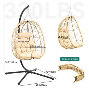 YITAHOME Hanging Egg Chair with Stand Swing Chair Wicker Indoor Outdoor Hammock Egg Chair with Cushions 330lbs for Patio, Bedroom, Garden and Balcony, Beige