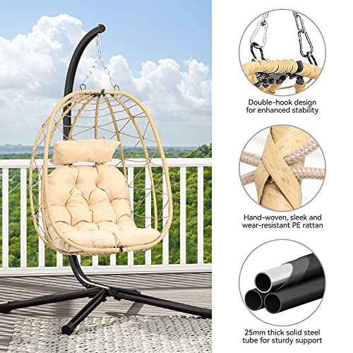 YITAHOME Hanging Egg Chair with Stand Swing Chair Wicker Indoor Outdoor Hammock Egg Chair with Cushions 330lbs for Patio, Bedroom, Garden and Balcony, Beige