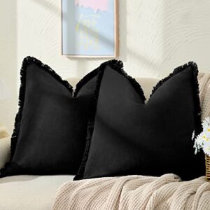 zwjd farmhouse pillow covers 22x22 set of 2 black throw pillow covers with fringe chic cotton decorative pillows square cushion covers for sofa couch bed living room boho decor