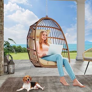 yitahome hanging egg chair swing chair outdoor patio wicker chair swing hammock egg chairs with cushion 330lbs for patio, bedroom, garden and balcony, beige(stand not included)