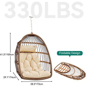 YITAHOME Hanging Egg Chair Swing Chair Outdoor Patio Wicker Chair Swing Hammock Egg Chairs with Cushion 330lbs for Patio, Bedroom, Garden and Balcony, Beige(Stand not Included)