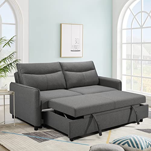 ERYE 3-in-1 Tufted Futon Loveseat Convertible Sleeper Bed W/Pull Out Sleep Daybed, Functional Reclining Backrest Love Seat Sofa & Couch for Living Room Sofabed, Queen, Grey W/ 2 Pillows