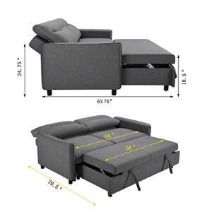 ERYE 3-in-1 Tufted Futon Loveseat Convertible Sleeper Bed W/Pull Out Sleep Daybed, Functional Reclining Backrest Love Seat Sofa & Couch for Living Room Sofabed, Queen, Grey W/ 2 Pillows