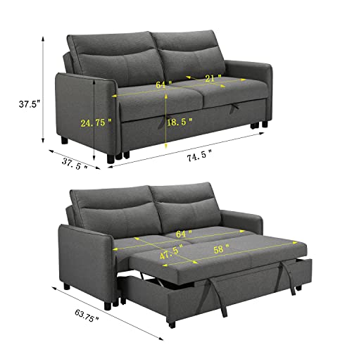 ERYE 3-in-1 Tufted Futon Loveseat Convertible Sleeper Bed W/Pull Out Sleep Daybed, Functional Reclining Backrest Love Seat Sofa & Couch for Living Room Sofabed, Queen, Grey W/ 2 Pillows