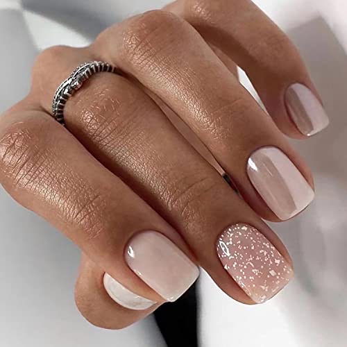 24 Pcs Short Press on Nails Cute Square Fake Nails, Full Cover False Nails with Glitter Design Glossy Stick on Nails Nude Pink Acrylic Nails Short Square Glue on Nails for Women and Girls DIY Manicure