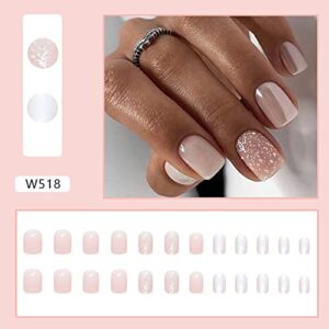 24 Pcs Short Press on Nails Cute Square Fake Nails, Full Cover False Nails with Glitter Design Glossy Stick on Nails Nude Pink Acrylic Nails Short Square Glue on Nails for Women and Girls DIY Manicure