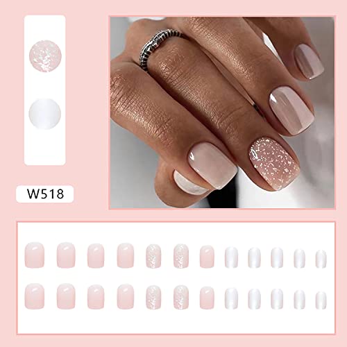 24 Pcs Short Press on Nails Cute Square Fake Nails, Full Cover False Nails with Glitter Design Glossy Stick on Nails Nude Pink Acrylic Nails Short Square Glue on Nails for Women and Girls DIY Manicure