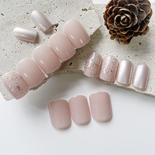 24 Pcs Short Press on Nails Cute Square Fake Nails, Full Cover False Nails with Glitter Design Glossy Stick on Nails Nude Pink Acrylic Nails Short Square Glue on Nails for Women and Girls DIY Manicure