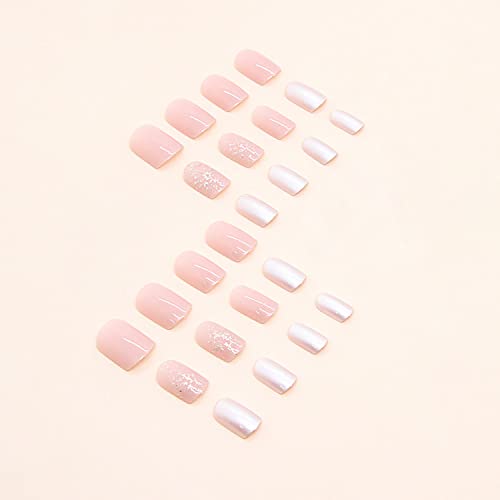 24 Pcs Short Press on Nails Cute Square Fake Nails, Full Cover False Nails with Glitter Design Glossy Stick on Nails Nude Pink Acrylic Nails Short Square Glue on Nails for Women and Girls DIY Manicure