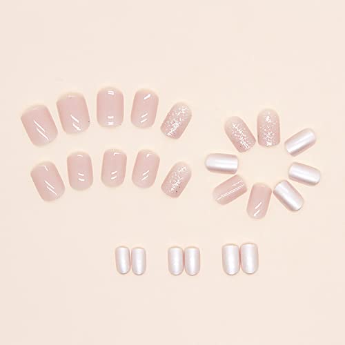 24 Pcs Short Press on Nails Cute Square Fake Nails, Full Cover False Nails with Glitter Design Glossy Stick on Nails Nude Pink Acrylic Nails Short Square Glue on Nails for Women and Girls DIY Manicure