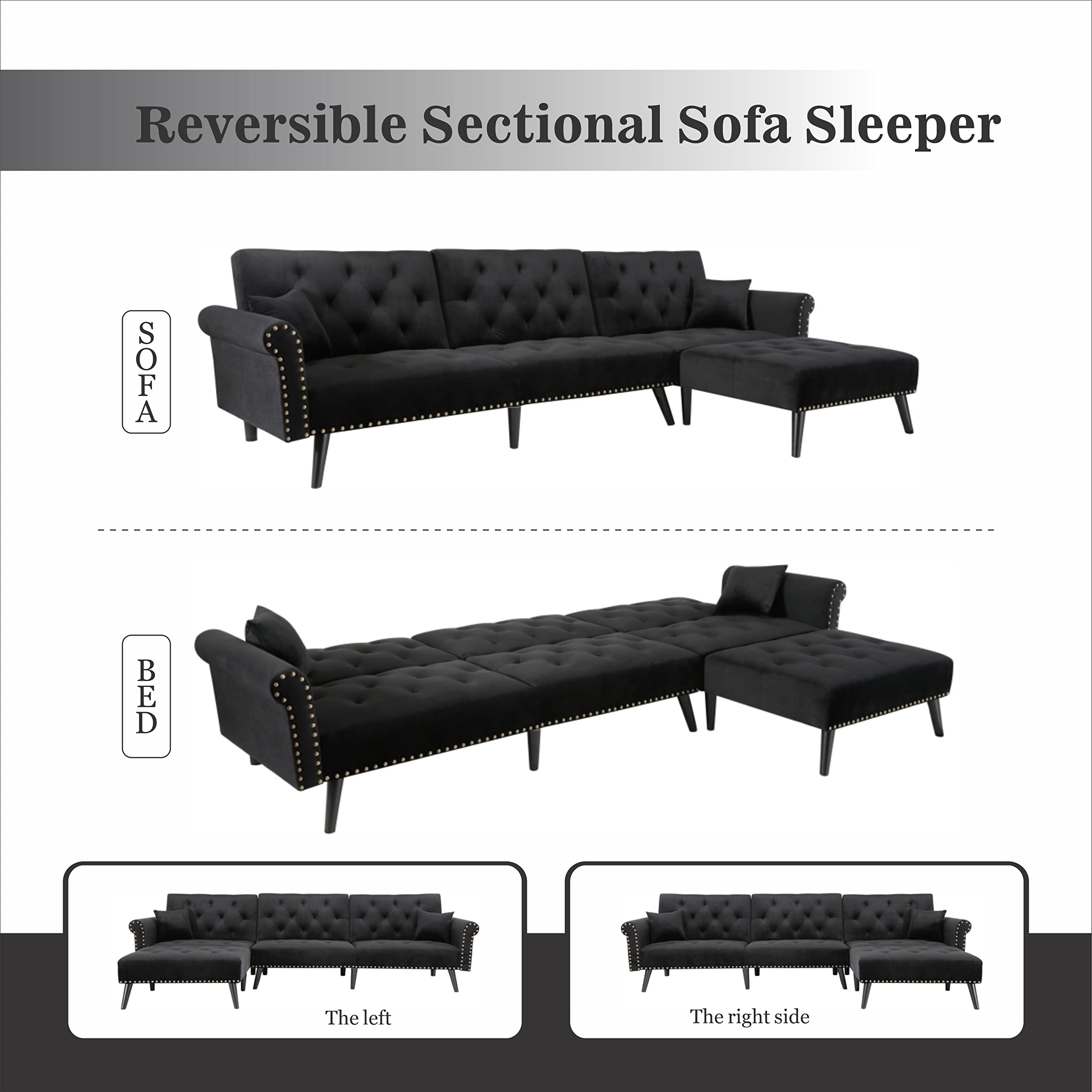 LCH Velvet Convertible Sleeper Sectional Sofa Bed,Reversible L Shaped Button Tufted Couch Furniture Set with Chaise Lounge 2 Pillows for Living Room, Black