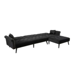 LCH Velvet Convertible Sleeper Sectional Sofa Bed,Reversible L Shaped Button Tufted Couch Furniture Set with Chaise Lounge 2 Pillows for Living Room, Black