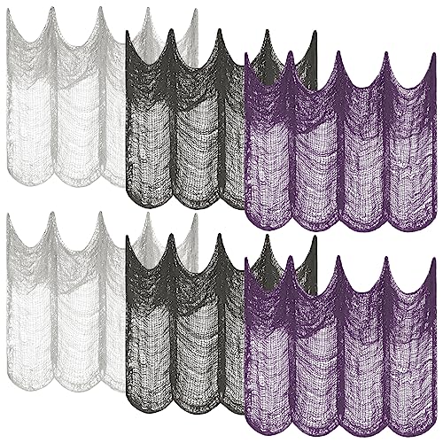 Riare 6 Pack Halloween Creepy Cloth 30 x 75 Inch- Spooky Scary Fabric Black Gauze Cloth for Halloween Party Haunted House Home Wall Doorway Outdoors Decoration(2 Black, 2 Purple, 2 White)