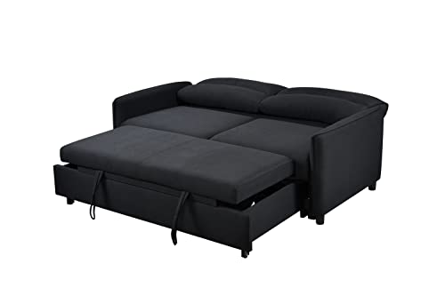 ERYE 3-in-1 Tufted Futon Loveseat Convertible Sleeper Bed W/Pull Out Sleep Daybed, Functional Reclining Backrest Love Seat Sofa & Couch for Living Room Sofabed, Queen, Black W/ 2 Pillows