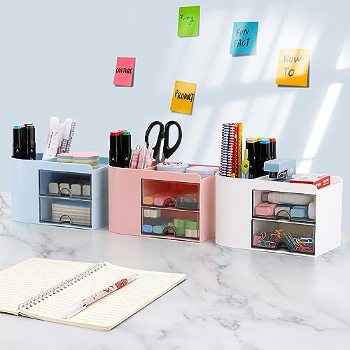 LETURE Desk Organizer Office Supplies Caddy with Pencil Holder and Drawer for Desktop Accessories, Business Card/Pen/Pencil/Mobile Phone/Stationery Holder Storage Box (White)