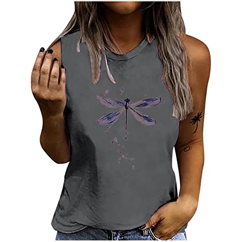 Annhoo T9- Grey Lounge Blouses for Womens Sleeveless Crew Neck Spandex Dragonfly Graphic Tie Dye Cami Tank Blouse Vest Ladies 7A XXL