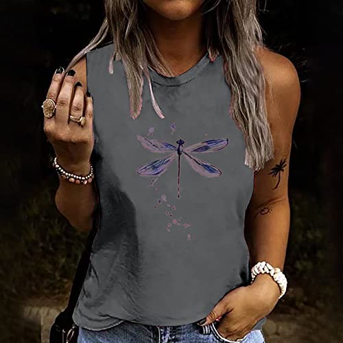 Annhoo T9- Grey Lounge Blouses for Womens Sleeveless Crew Neck Spandex Dragonfly Graphic Tie Dye Cami Tank Blouse Vest Ladies 7A XXL