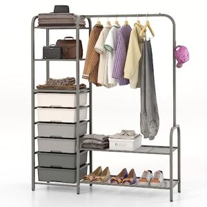 giantex free standing closet organizer, heavy duty garment rack with 6 removable drawers, 3 open shelves, 2 shoe racks, 1 hanging rod & 1 hook, metal clothing rack for bedroom & cloakroom (grey)