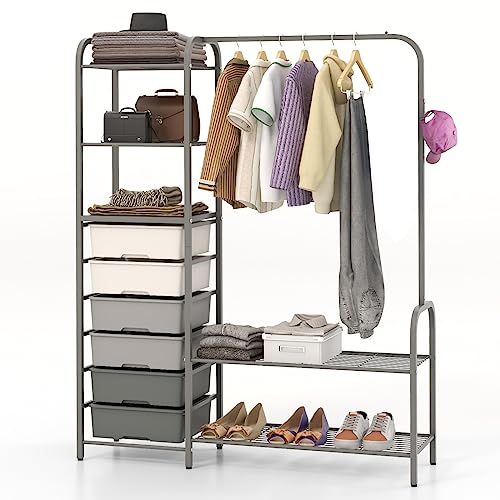 Giantex Free Standing Closet Organizer, Heavy Duty Garment Rack with 6 Removable Drawers, 3 Open Shelves, 2 Shoe Racks, 1 Hanging Rod & 1 Hook, Metal Clothing Rack for Bedroom & Cloakroom (Grey)