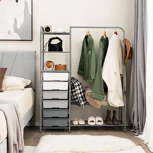 Giantex Free Standing Closet Organizer, Heavy Duty Garment Rack with 6 Removable Drawers, 3 Open Shelves, 2 Shoe Racks, 1 Hanging Rod & 1 Hook, Metal Clothing Rack for Bedroom & Cloakroom (Grey)