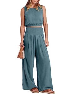 anrabess 2 piece summer outfits for women casual lounge matching sets linen crop top long smocked waistband pants jumpsuits summer vacation 2023 fashion clothes a1093hulv-m