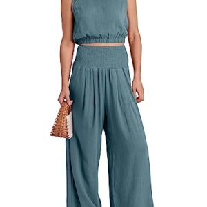 ANRABESS 2 Piece Summer Outfits for Women Casual Lounge Matching Sets Linen Crop Top Long Smocked Waistband Pants Jumpsuits Summer Vacation 2023 Fashion Clothes A1093hulv-M