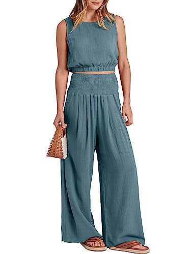 ANRABESS 2 Piece Summer Outfits for Women Casual Lounge Matching Sets Linen Crop Top Long Smocked Waistband Pants Jumpsuits Summer Vacation 2023 Fashion Clothes A1093hulv-M