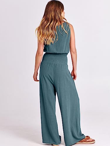 ANRABESS 2 Piece Summer Outfits for Women Casual Lounge Matching Sets Linen Crop Top Long Smocked Waistband Pants Jumpsuits Summer Vacation 2023 Fashion Clothes A1093hulv-M