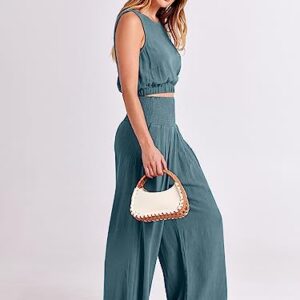 ANRABESS 2 Piece Summer Outfits for Women Casual Lounge Matching Sets Linen Crop Top Long Smocked Waistband Pants Jumpsuits Summer Vacation 2023 Fashion Clothes A1093hulv-M