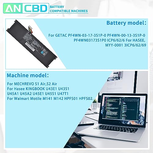 ANCBD PF4WN-03-17-3S1P-0 PF4WN-00-13-3S1P-0 Laptop Battery Compatible with HASEE KINGBOOK U43E1 U43S1 U47T1 Motile M142 Series PF4WN PF4WN03173S1P0 HPFS01 HPFS02 3ICP6/62/69 (11.4V/46.74Wh)