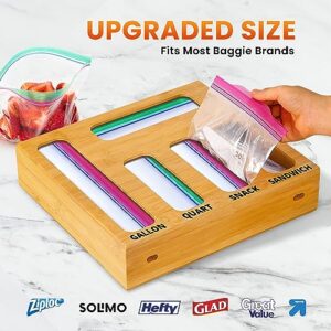 Ziplock Bag Organizer with Foil and Saran Wrap Dispenser With Cutter For Kitchen Drawer - 9 in 1 Bamboo Food Storage Organizer Perfect For Plastic Ziploc Gallon, Sandwich Baggies & 12” Rolls mHomeAid