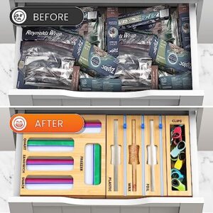 Ziplock Bag Organizer with Foil and Saran Wrap Dispenser With Cutter For Kitchen Drawer - 9 in 1 Bamboo Food Storage Organizer Perfect For Plastic Ziploc Gallon, Sandwich Baggies & 12” Rolls mHomeAid