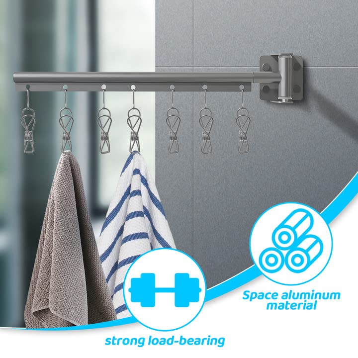 Lxoraziy Laundry Drying Rack Windproof Clothes Hangers with 7 Clips for Drying Socks, Aluminum Underwear Hanger Wall Mount, 180°Rotation, for Laundry, Balcony, Mudroom, Bedroom, Dark Grey Color