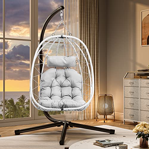 YITAHOME Hanging Egg Chair with Stand Swing Chair Wicker Indoor Outdoor Hammock Egg Chair with Cushions 330lbs for Patio, Bedroom, Garden and Balcony, Light Gray