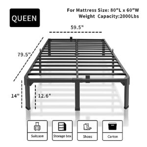 Superay 14 Inch Metal Bed Frame Queen Size with Mattress Slide Stopper - Double Black Basic Steel Slats Platform, Easy Assembly Heavy Duty Noise Free Bedframes, No Box Spring Needed