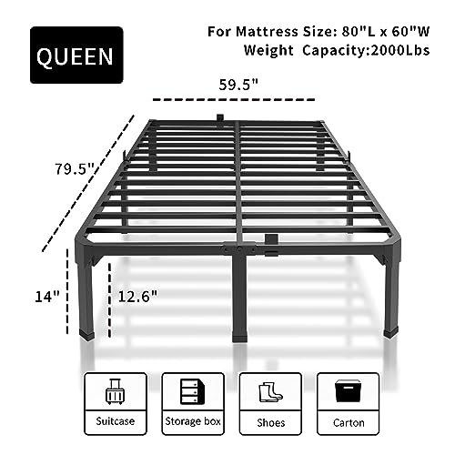 Superay 14 Inch Metal Bed Frame Queen Size with Mattress Slide Stopper - Double Black Basic Steel Slats Platform, Easy Assembly Heavy Duty Noise Free Bedframes, No Box Spring Needed