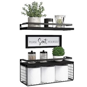 dollfio floating shelves with wall décor sign, bathroom shelves over toilet with wire storage basket, wood wall shelves with protective metal guardrail– black