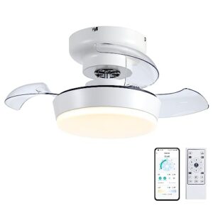 MADSHNE Low Profile Ceiling Fan with Lights, 24" Small Retractable Blades Ceiling Fans with Remote, Modern Flush Mount Fandelier Ceiling Fans with Dimmable LED Lighting,Reversible (White)